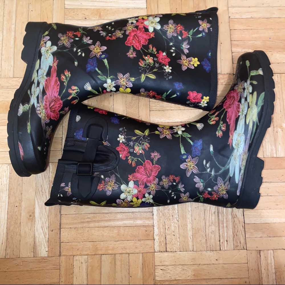 Tall flower rubber rain boots